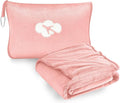 Travel Blanket and Pillow Compact, Premium Soft 2 in 1 Airplane Blanket with Soft Bag Pillowcase，Hand Luggage Sleeve and Backpack Clip (Solid Pink)