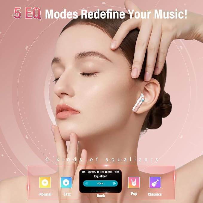 Wireless Earbuds with Touch Screen, Bluetooth 5.4 Headphones, ANC/ENC Noise Cancelling, 48H HiFi Stereo Bluetooth Ear Buds with 5 EQ Modes, Transparency Mode, IPX7 Earphones, Rosa