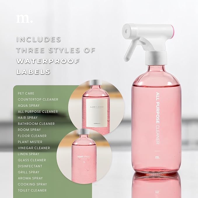 MAISONOVO Glass Spray Bottles 16 Oz Pack of 2 - Pink Spray Bottle For Hair with Fortified Glass & Fine Mist Pumps - Ideal for Salons, Barbers, Stylists, Pet Groomers & Daily Hair Care - 16 Labels