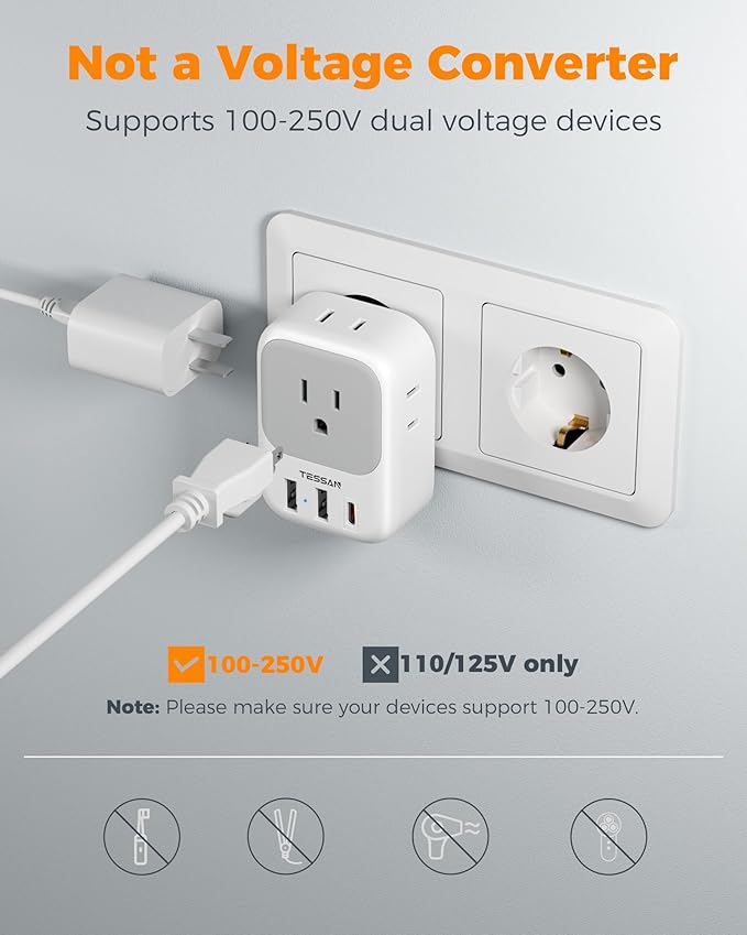 TESSAN 2 Pack European Travel Plug Adapter, Europe Power Converter 4 Outlets 3 USB(1 USB C PD 20W), Type C International Adaptor to Italy Spain France Portugal Iceland Germany, EU Travel Essentials