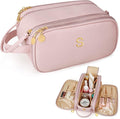 Gifts for Women Teen Girls Large Capacity Initial Travel Makeup Bag, 3-Compartment Cosmetic Organizer with Clear Brush Holders, Large Opening Waterproof Toiletry Bag, Pink,S