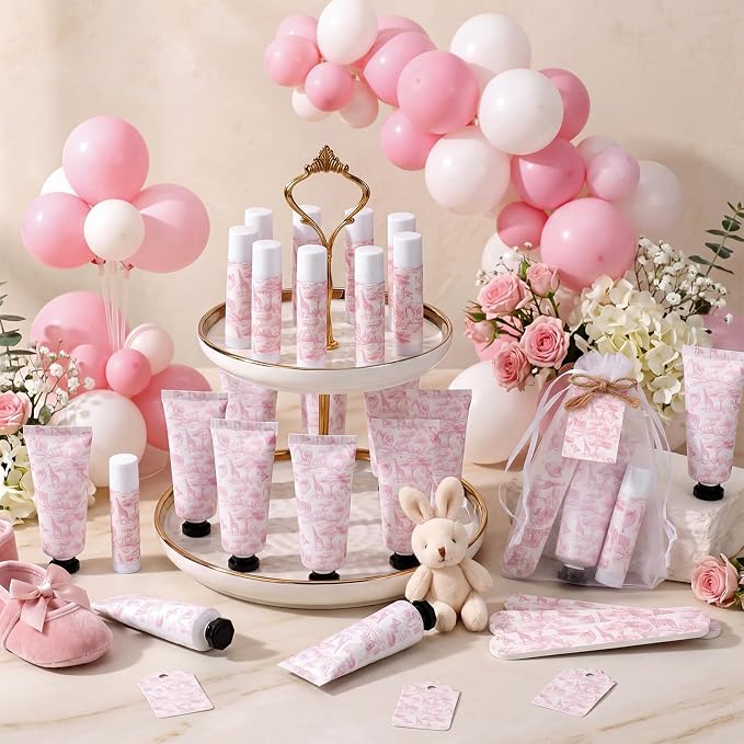 Leelosp 24 Sets Pink Toile De Jouy Baby Shower Favor Gifts Bulk - Vintage French Floral Hand Cream & Lip Balm with Nail File Travel Size Favors for Bridal Baby Shower Birthday Baptism Party Guests