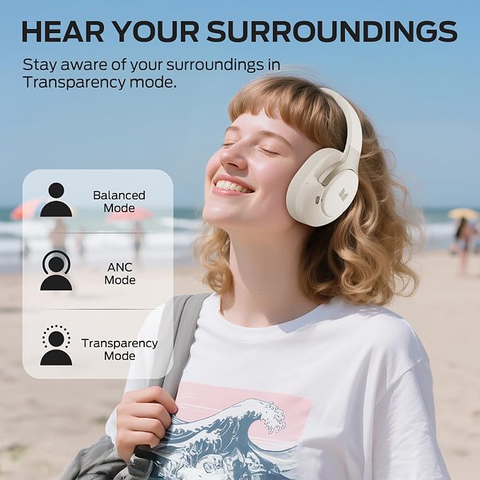 Monster Persona 5th ANC-Wireless Bluetooth Over-Ear Headphones with Microphone, 70H Playtime, Foldable Lightweight Bluetooth 6.0Headphone for Travel/Office(Beige)