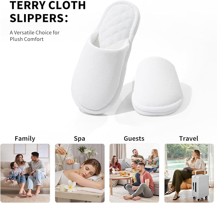 3 Pairs Closed-Toe Cotton Terry House Slippers, Comfortable Washable Indoor Slippers for Women, Portable Foldable for Guest, Travel, Hotel and Spa