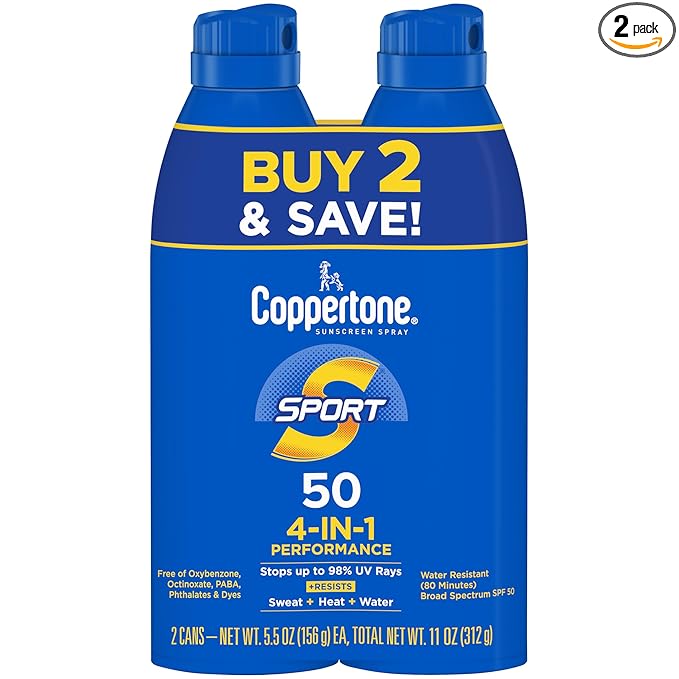 Coppertone Sport Sunscreen Spray SPF 50, Water Resistant Spray Sunscreen Pack, 5.5 Oz, Pack of 2 (Packaging May Vary)