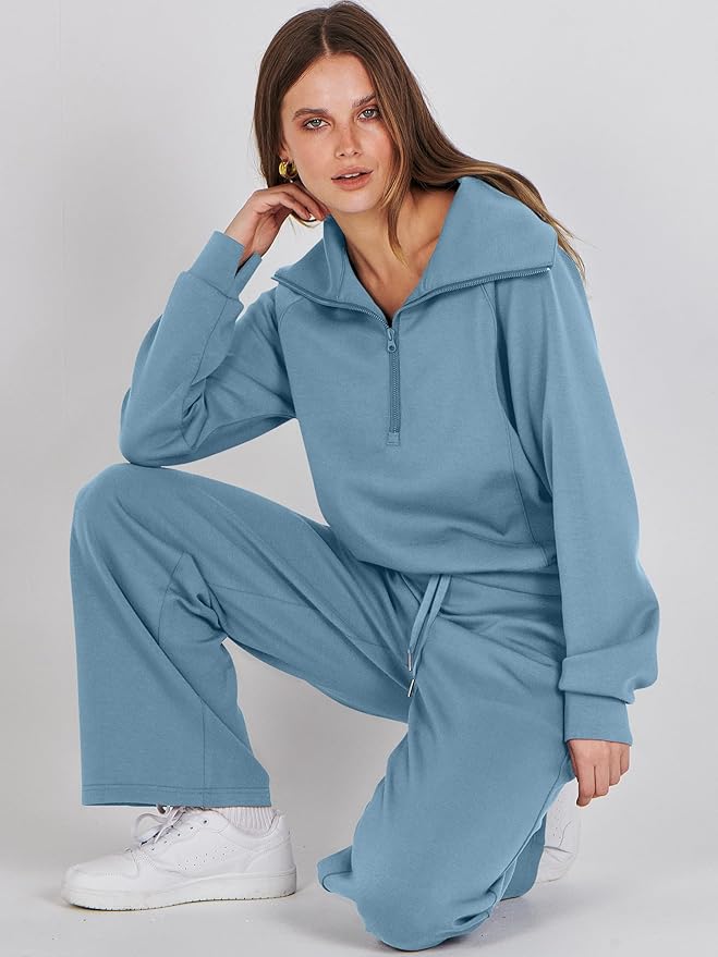ANRABESS Women’s 2 Piece Outfits Half Zip Sweatshirt & Wide Leg Pants Airport Travel Lounge Matching Sets Sweatsuits Clothing