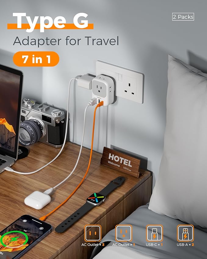 TESSAN UK Adapters for Travel 2 Pack, Type G US to UK Plug Adapter with 4 Outlets 3 USB Charger(1 USB C PD 20W), Power Adaptor for USA to Ireland Scotland Dubai Hong Kong England British Kenya London