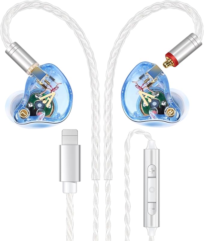 Vibes 202ML Wired Earbuds - HiFi in Ear Headphones for iPhone 5–14, Noise Isolating Ear Buds w/ Mic - Clear Sound, Deep Bass, Comfort-Fit Earphones - MMCX–LTN, Silver Plated Cord, Carrying Case