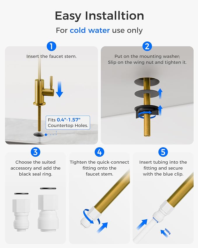 Waterdrop G2FCT-Gold Drinking Water Faucet, Reverse Osmosis Faucet, Water Filter Faucet for Kitchen Bar Sink, Single Handle, Easy to Install, Lead-Free, Stainless Steel, Brushed Gold