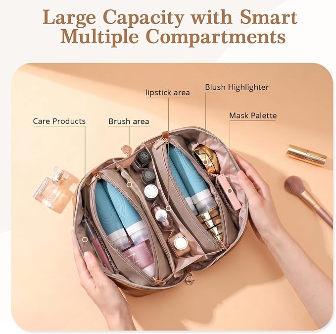 Travel Makeup Bag for Women: 3-in-1 Large Capacity Cosmetics Organizer with 2 Detachable Pouch - Vegan Leather Flat Open Toiletry Bag - Portable Travel Essentials for Full-Sized Bottles(Grey)