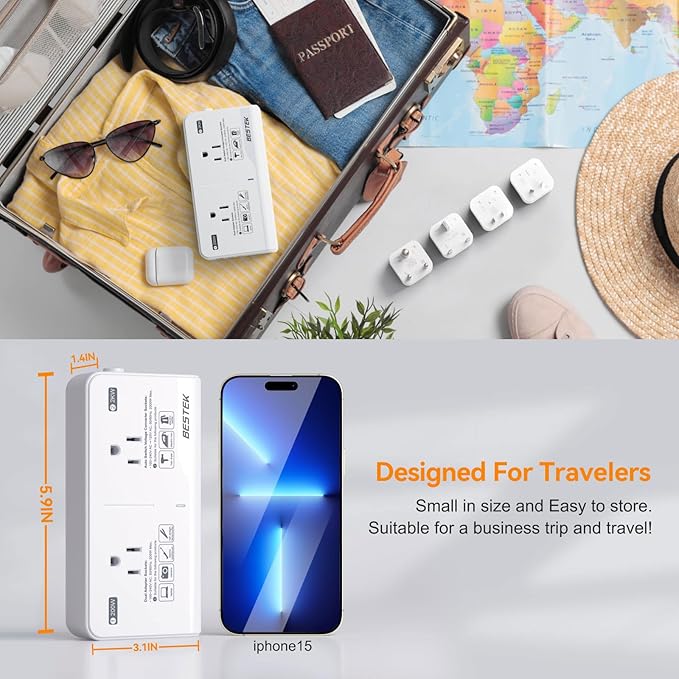 BESTEK 2000W 220V to 110V Voltage Converter, US-Europe Universal Travel Adapter with 2 AC Outlets and 3 USB Ports (2 Pd35W), Hair Dryer, Flat Iron (Pearl White)