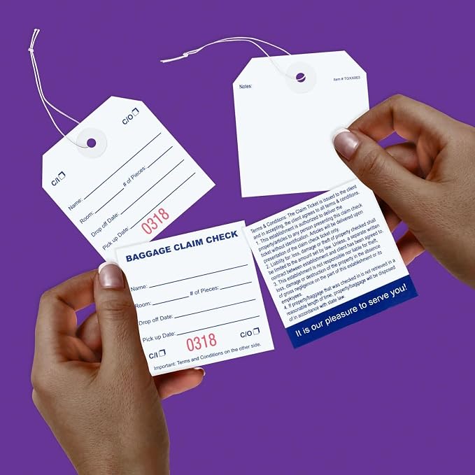 1000 Baggage Claim Check Tags with Red Consecutive Numbering. Elastic Strings Attached to Each tag with Reinforced Eyelet Around Hole Prevents Tearing. Size: 5 1/4" (Height) x 2 5/8" (Width)