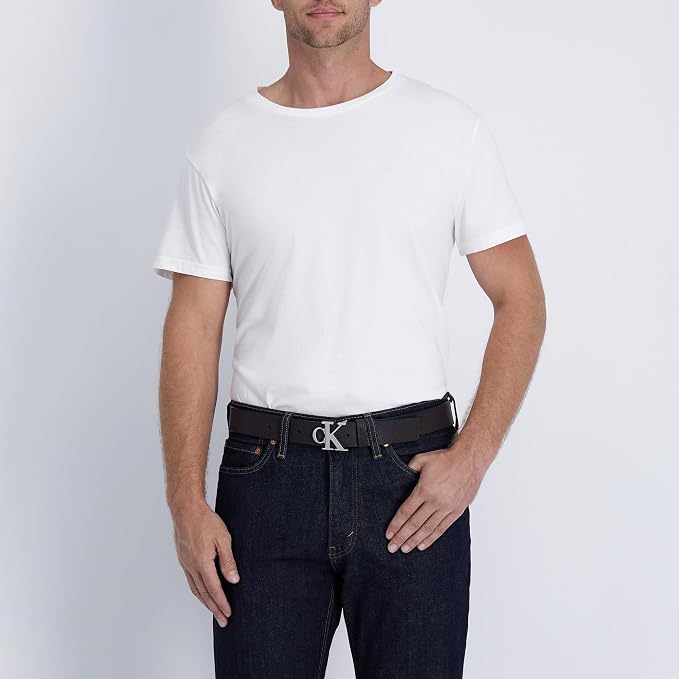 Calvin Klein Men’s CK Monogram Cut Out Buckle Belt – Casual Belt for Jeans & Everyday Wear