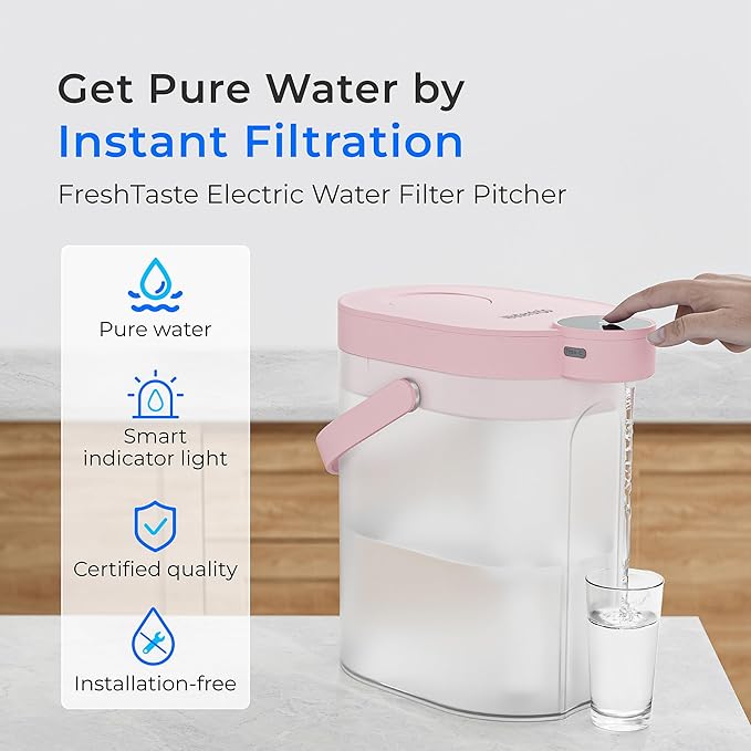 Waterdrop ED06P Electric Water Filter Pitcher, FreshTaste Rechargeable Dispenser, 17-Cup Instant Countertop Purifier, Reduce Chlorine, Lead, Copper, Purify, Soften Water, Does not Lower TDS, Pink