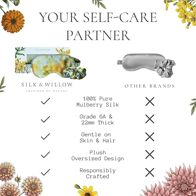 SILK & WILLOW - Botanical Print Pure Mulberry Silk Eye Mask & Scrunchie Gift Set, Luxurious Sleep Eye Mask & Hair Accessory Bundle, Durable Nature-Considerate Wellness Gifts for Women, Teal Marigold