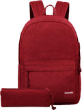 SUPACOOL Casual Laptop Backpack for Men and Women, Pencil Pouch, School Backpack with USB Charging Port, Bookbag for Boys and Girls(Garnet set)