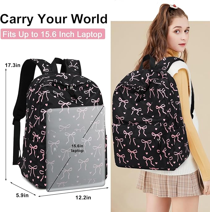 LOIDOU Backpack for Girls School Backpacks Bookbags for Elementary Middle School Women Laptop Backpacks (Bow tie Black, L-17)