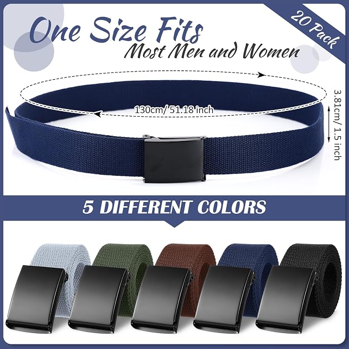 Yahenda 20 Pcs Web Belt for Men Women Belt Adjustable Canvas girdle Golf Strap with Military Buckle Casual Web girdle