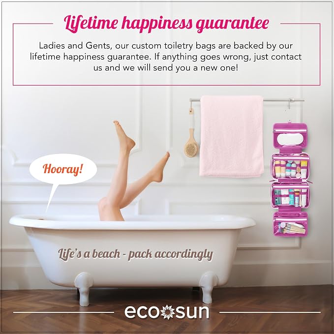 Eco Sun Hanging Travel Toiletry Bag — Designed in Hawaii — Water-resistant Travel Organizer for Bathroom Accessories (Magenta)