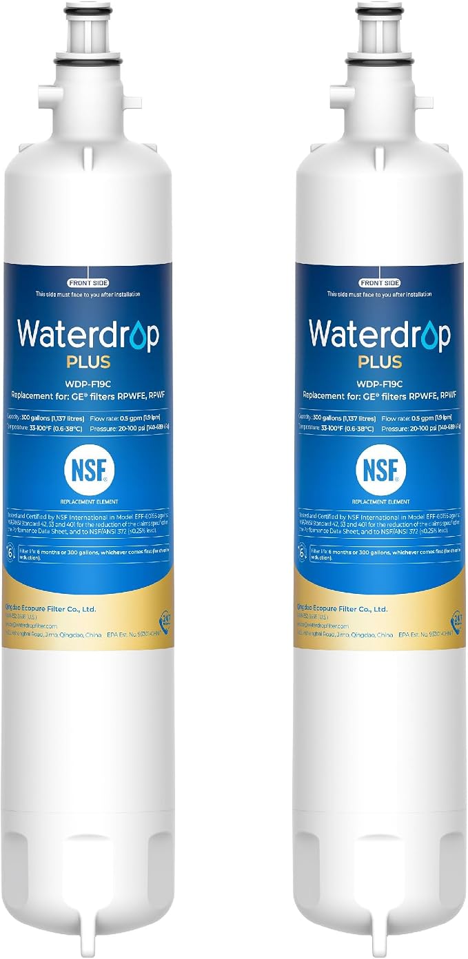 Waterdrop Plus WDP-F19C Replacement for GE® RPWFE®, RPWF (with CHIP) NSF 401 Refrigerator Water Filter, Compatible with WSG-4, GFE28GBLTS, GFE28GSKSS, PFE28KMKES, 2 Pack (Packaging May Vary)