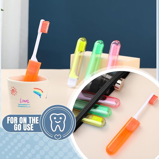 Patelai 4 Pieces Travel Toothbrush Set, Travel Size Toiletries, Soft Bristle Mini Foldable Tooth Brush with Case, Individually Wrapped Small Portable Toothbrush for Camping Home (Candy Color)