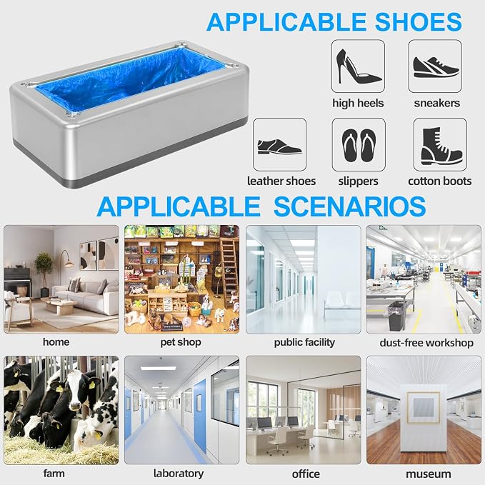 Shoe Covers Dispenser with 200pcs Disposable Shoe Covers Non Slip, Automatic Shoe Cover Machine,Fits Size Up to 11 US Men, for Home, Office, Factory, Supermarket, Silver