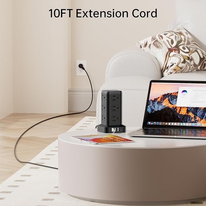 Extension Cord with Multiple Outlets, SMALLRT Surge Protector Tower, PD 20W USB C, Power Strip with USB Ports 12 AC Outlets, 10FT Outlet Extender for Home Dorm, Office Supplies, Overload Protection