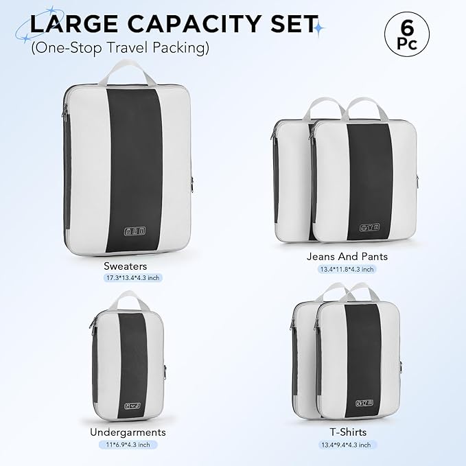 6 Set Compression Packing Cubes for Travel Essentials,Compressible Expandable Packing Cubes for Suitcase,OlarHike Luggage Garment Bags for Travel,Handy Helper for Organizing Clothes(Black)