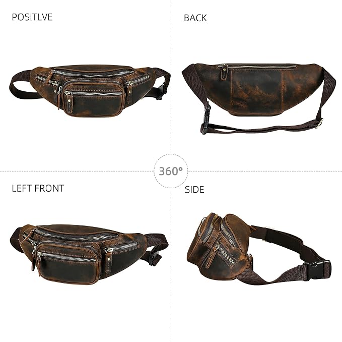 Water Resistant Canvas + Leather Hiking Riding Travel Fanny Waist Pack Small Phone Pouch For Men Women FB811-29 (Dark Brown-346)