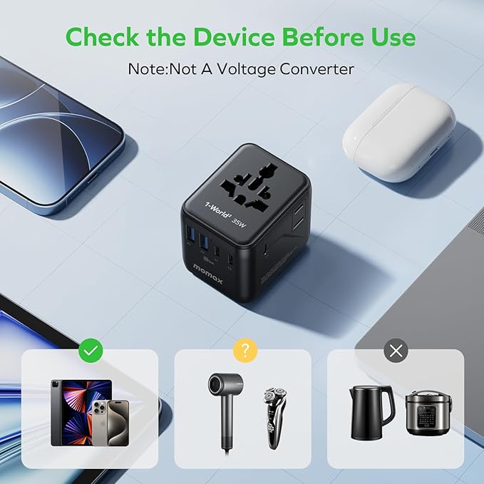 MOMAX Universal Travel Adapter 7-in-1, All-in-one European Travel Plug Adapter with 3 USB-C PD & 2 USB-A QC & 2AC, International Power Adapter Outlet for Travel UK/EU/AUS/JP, Travel Essentials(Black)