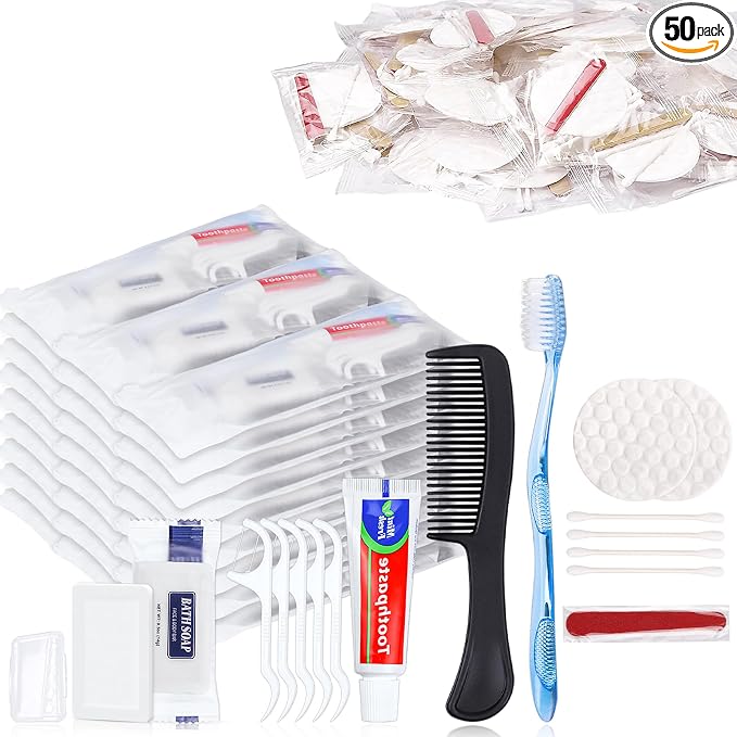 50 Sets Personal Hygiene Kit Basic Toiletry Kits Homeless Supplies Bulk Bundle with Bulk Hotel Amenities Kit, Include Cotton Pads, Cotton Swabs, Nail File (Paper Sticks)