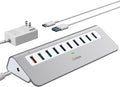 Powered USB Hub 10Gbps, 10 Port USB 3.2 Gen 2 Hub with 7 USB 3.2 Data Ports, 3 Fast Charging Ports, 36W Power Adapter, Type A and Type C Cable, Aluminum USB Hub for Laptop, Mac, PC