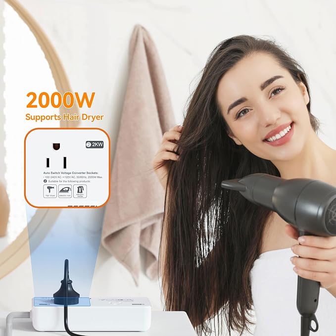 BESTEK 2000W 220V to 110V Voltage Converter, US-Europe Universal Travel Adapter with 2 AC Outlets and 3 USB Ports (2 Pd35W), Hair Dryer, Flat Iron (Pearl White)