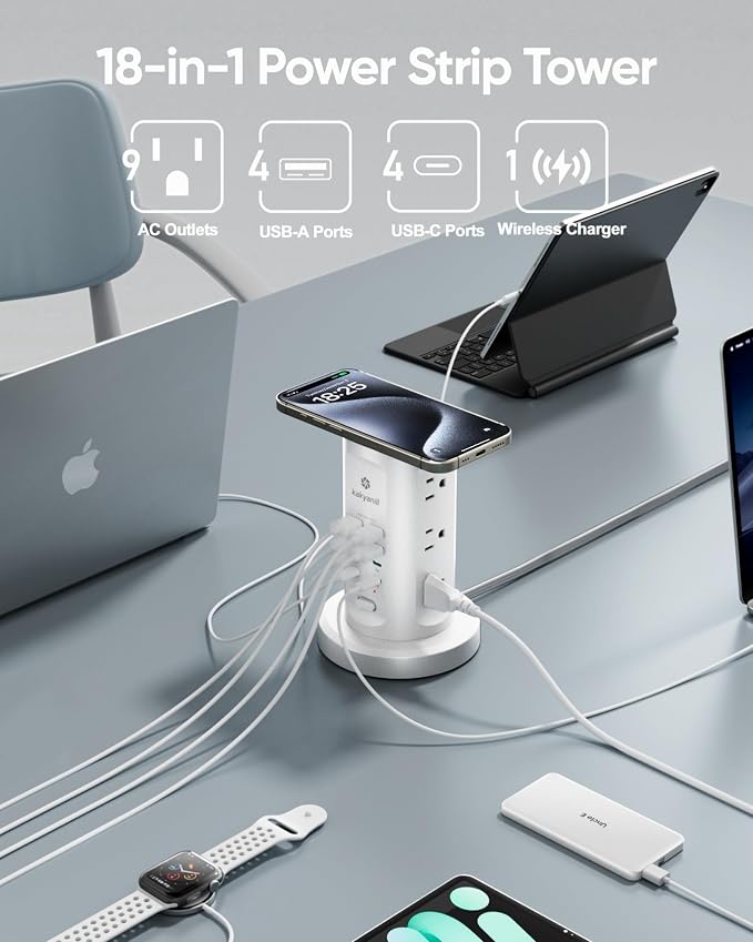 Kakyanill 115W USB Charging Station, Power Strip Tower, 9 AC Outlets with 8 USB Ports(4 USB-C), 6Ft Flat Plug Retractable Extension Cord, for Home Office Dorm, White
