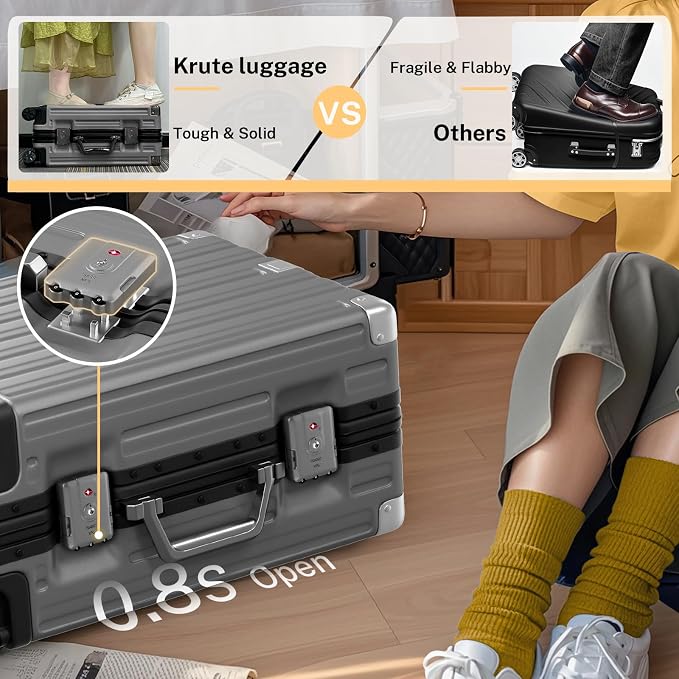 Krute Aluminum Frame Luggage 28 Inch Checked Suitcase with Spinner Wheels TSA Approved No Zipper Hard Shell Luggage PC+ABS Travel Suitcase Gray