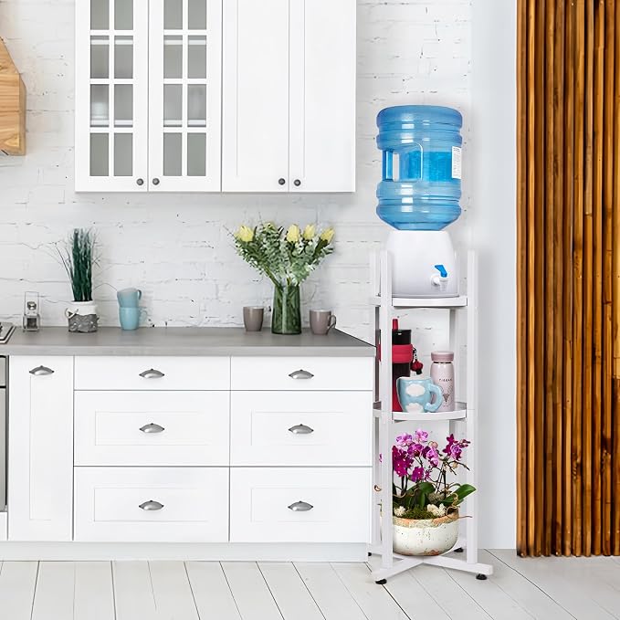 Water Dispenser Stand 5 Gallon Water Jug Stand Sturdy Water Stand(32.8" H-11.2" W) Water Jug Stand with 2 Round Shelfs for 1-5 Gallon Water Bottles/Crocks, Water Jug and Plant Stand (White)