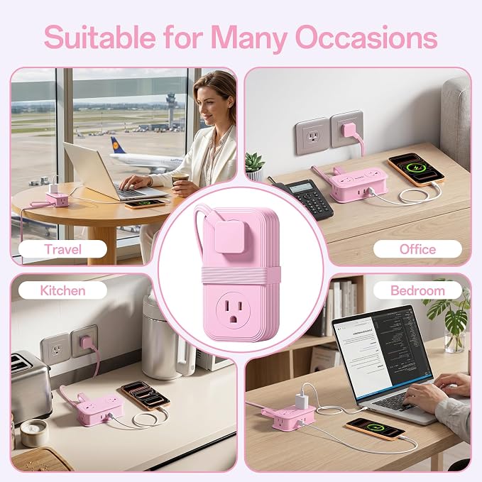Travel Power Strip, SMALLRT Extension Cord with Multiple Outlets, 6.5FT Wrapped Extension Flat Plug Power Strip with 4 AC Outlets for Travel, Hotel, Cruise Approved, No Surge Protection, Pink