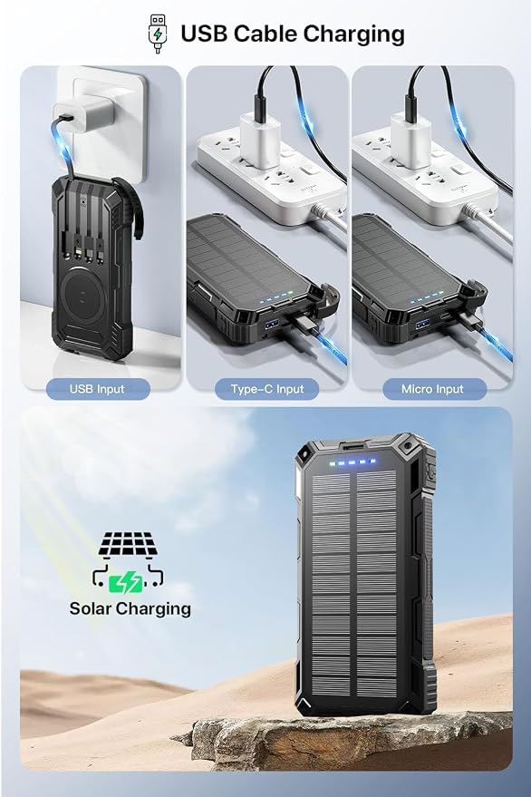 Solar Power Bank,49800mAh Portable Charger Wireless Charging USB-C 15W Fast Charging with 4 Built-in Cables LED Flashlight Battery Pack Compatible with iPhone, iPad, Galaxy, Perfect for Camping/Hiking