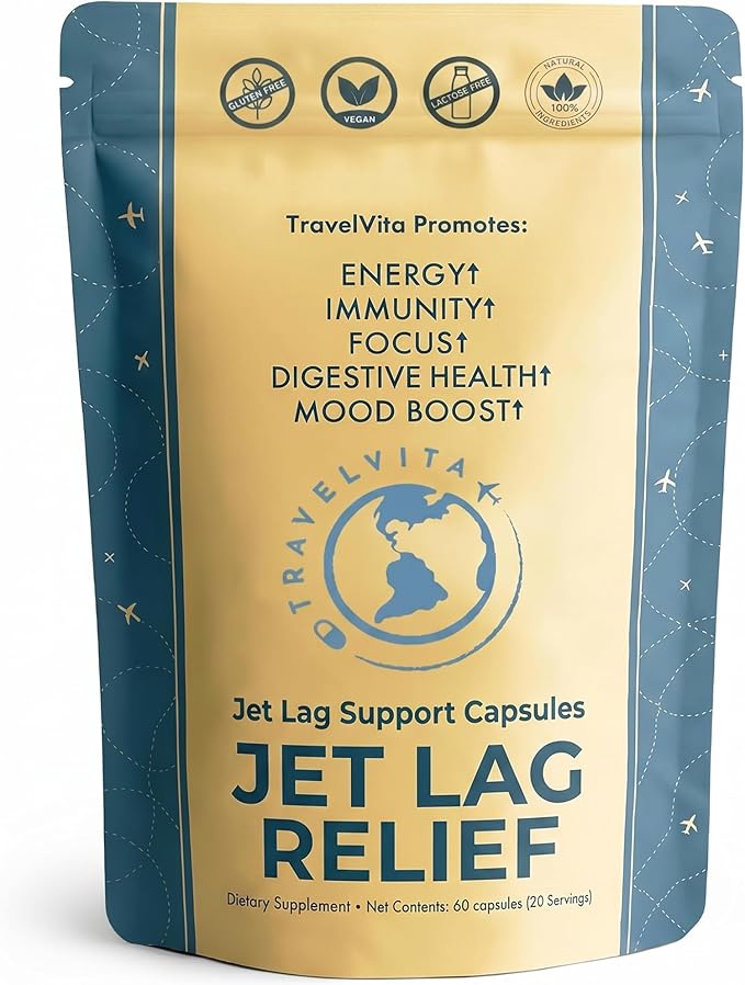 Natural Travel Pills - Traveling Supplement for Jet Lag Relief, Digestion, Immunity, Energy, Sleep, Circulation - Vacation and Long Flight Essentials for Men and Women - 30 Day Supply