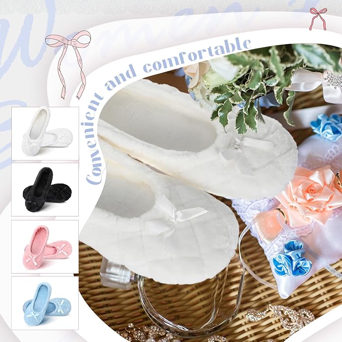 Geyoga 4 Pairs Women's Slippers Ballerina Ballet with Satin Bow Tie Non Slip Slippers Ballet House Socks for Wedding Housewarming
