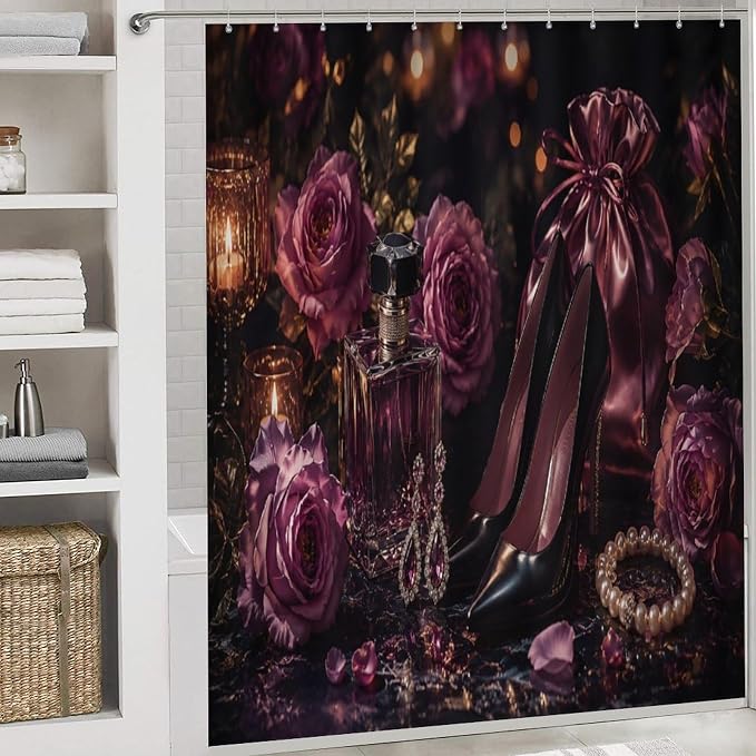 Elegant Purple Roses and Jewelry Bathroom Rug Set 4 Piece with Shower Curtain Non Slip Bath Mat Set Microfiber Bathroom Decor Toilet Lid Cover U Shape Rug Waterproof Bathroom Accessories