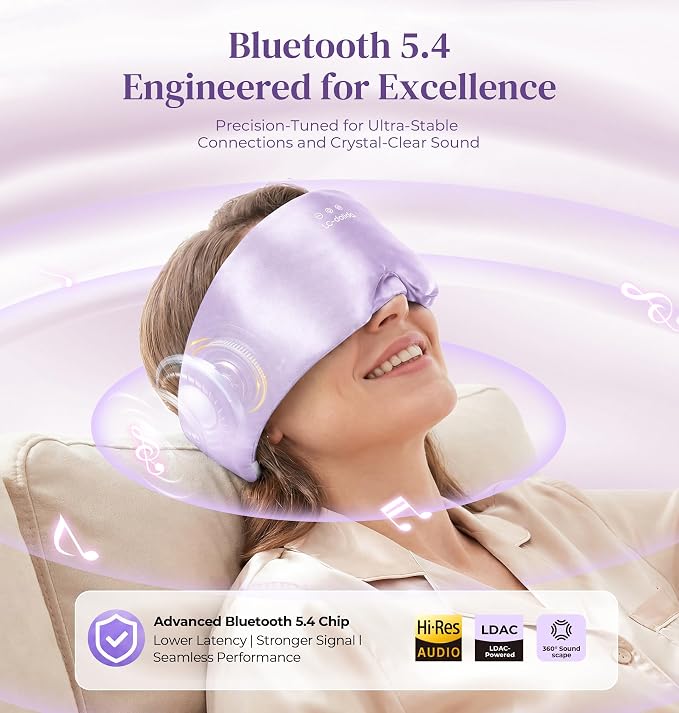 LC-dolida 3D Silk Bluetooth Sleep Mask, Mulberry Silk Sleep Mask with Bluetooth Headphones, Bluetooth Eye Sleep Mask for Side Sleepers, Total Blackout Bluetooth Eye Mask for Women Men, Light Purple