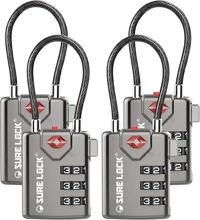 SURE LOCK TSA Approved Luggage Locks with Open Alert Indicator, 3 Digit Combination Cable Travel Lock for Suitcase, Backpack, Gym Locker, Toolbox & Travel Bag(Grey 4 Pack)