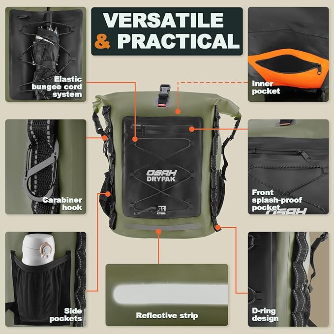 OSAH DRYPAK Waterproof Backpack Dry Bag 35L/55L/85L – Heavy Duty Roll-Top Hiking Backpack Sack Keeps Gear Dry for Travel, Kayaking, Boating, Camping, Rafting and Fishing