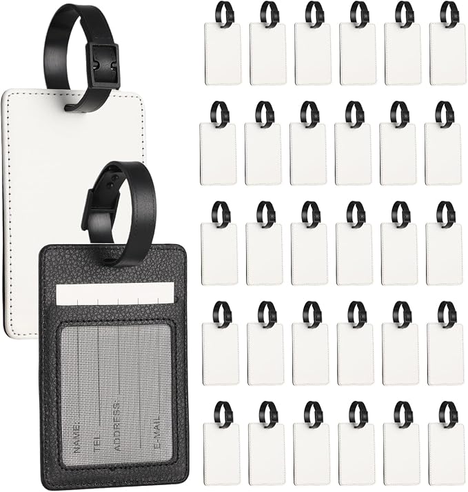 32 Pcs Sublimation Luggage Tags Bulk, 4.1 x 2.8 in PU Leather Name Label Blank with ID Card Slot, DIY Heat Transfer Travel ID Tags with Straps for Personalized Custom