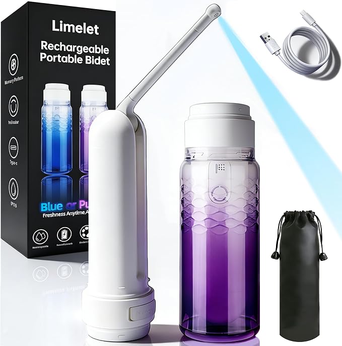 Portable Bidet for Travel & Postpartum Care - 320ML Handheld Peri Bottle with 3 Pressure Settings & 800mAh Battery, IPX6 Waterproof for Women Hygiene and Outdoor Use (Purple, 320ml)