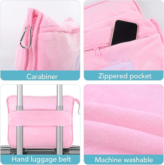 SINLAND Travel Pillow and Blanket 2-in-1 Set,Airplane Packable Bag,Soft and Lightweight Plane Flight Car Trips Travel Essentials Gift,Hand Luggage Sleeve and Backpack Clip,60x53 Inch Pink