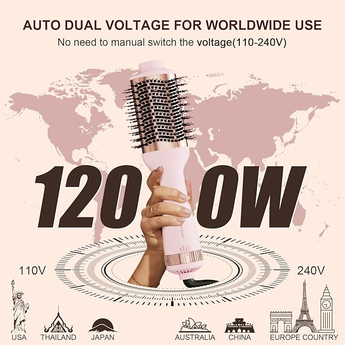 Big Size 1200W Dual Voltage Hot Air Brush Dryer, 120-240V 4 in 1 Ionic Blowout Hair Dryer Brush & Styler Volumizer with 75MM Oval Titanium Barrel for Long & Thick Hair