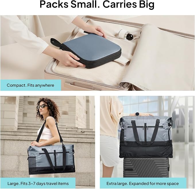 TOPEAST Foldable Travel Bag for Men & Women, 65L Weekender Overnight Duffle Bag for Travel, Expandable Airline Approved Carry-On with Shoe Compartment, Lightweight Personal Item Bag, Water-resistant