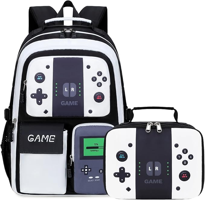 Boys Backpack Kids Bookbag TeensSchool Bag LuminousGame Large capacity bag (4BlackWhite Set)